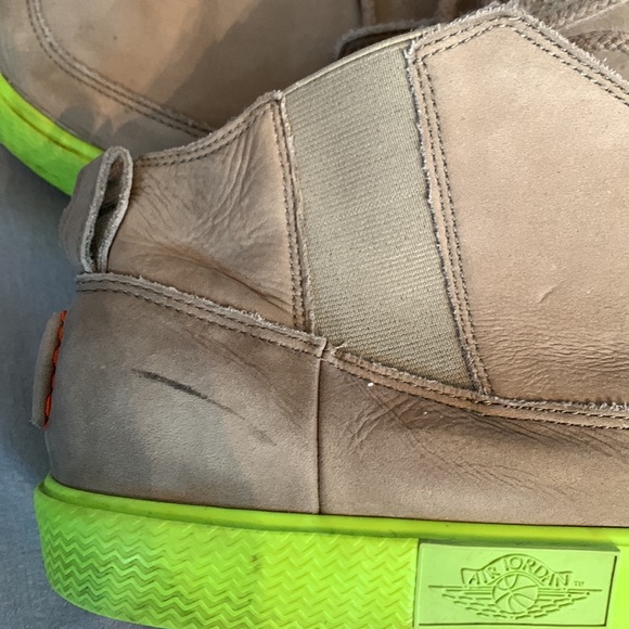 Air Jordon Beige Suede Lace Up High Tops with Neon Green Soles - Picture 8 of 11